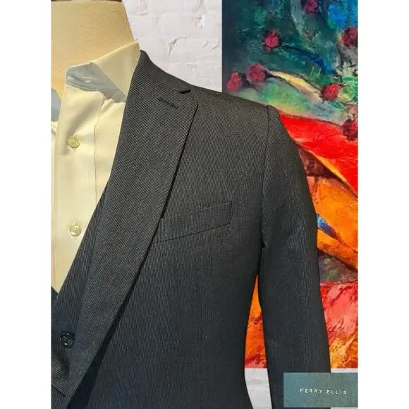 Perry Ellis 3 Piece Suit 44R 38x31.5 Navy Blue and White Textured Look - Picture 5 of 16